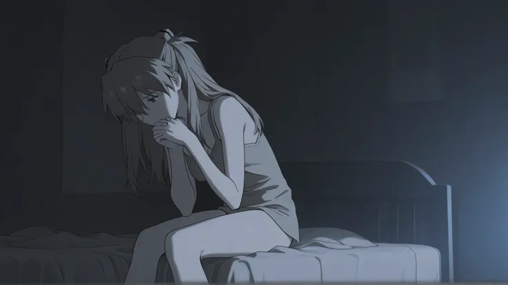asuka langley from Neon Genesis Evangelion, , sitting in her bed, head bowed, hands clasped loosely in her lap. she is in a stark, dimly lit room, casting long shadows. her expression is one of profound sadness and despair. Somber atmosphere, muted colors.