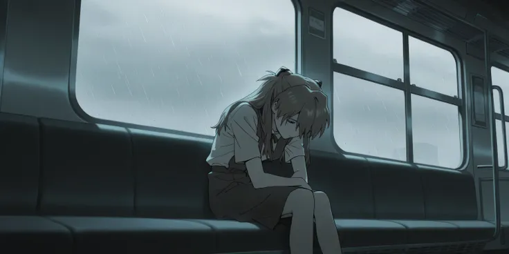 asuka langley from Neon Genesis Evangelion, , sitting inside train, alone, head bowed, her expression is one of profound sadness and despair. Somber atmosphere, raining in the windows
