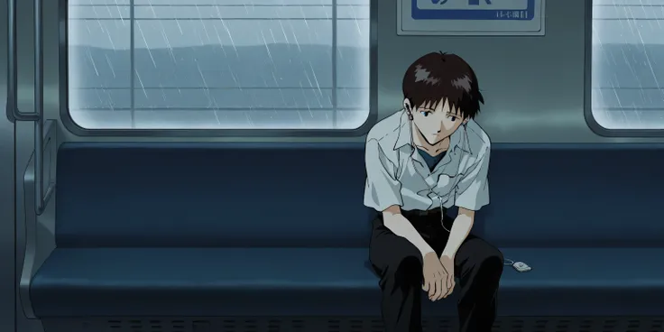 shinji ikari from Neon Genesis Evangelion, , sitting inside train, sitting on the very side, listening on earphones, alone, head bowed, his expression is one of profound sadness and despair. Somber atmosphere, raining in the windows, dont show face, head b...