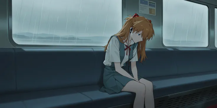 asuka langley from Neon Genesis Evangelion, , sitting inside train, sitting on the very side, listening on earphones, alone, head bowed, her expression is one of profound sadness and despair. Somber atmosphere, raining in the windows