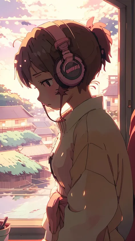 anime style, (Dreamlikeart by Brandon Werfel), (soft focus), Cozy room setting, girl with headphones, [(Lofi Beat:1.3)|ambient music], (Anime Art), [(Cherry Blossoms|Bookshelf:0.5)], [Reflective surface:0.8], [(pastel colors:1.2)|Calm Colors], [(attention ...