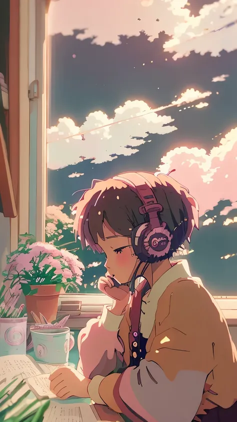 anime style, (Dreamlikeart by Brandon Werfel), (soft focus), Cozy room setting, girl with headphones, [(Lofi Beat:1.3)|ambient music], (Anime Art), [(Cherry Blossoms|Bookshelf:0.5)], [Reflective surface:0.8], [(pastel colors:1.2)|Calm Colors], [(attention ...
