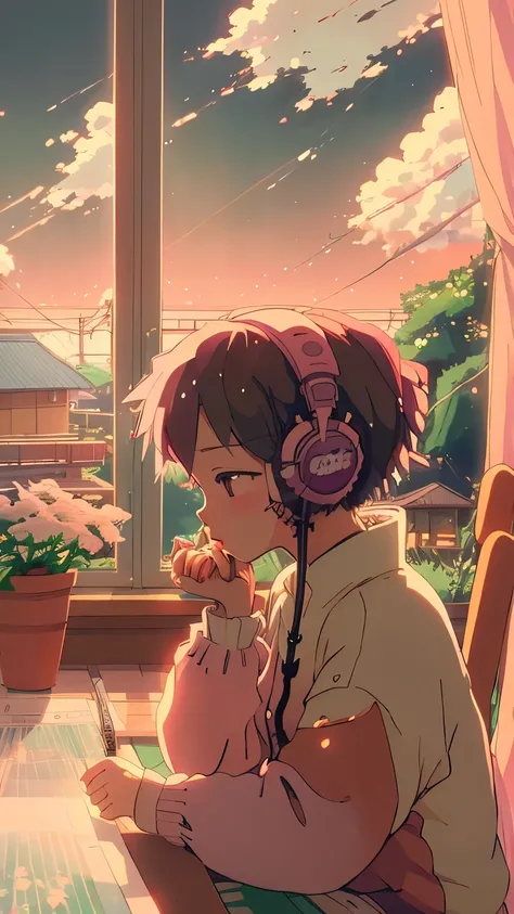 anime style, (dreamlikeart by Brandon Werfel), (soft focus), Cozy room setting, girl with headphones, [(Lofi Beat:1.3)|ambient music], (Anime Art), [(Cherry Blossoms|Bookshelf:0.5)], [Reflective surface:0.8], [(pastel colors:1.2)|Calm Colors], [(attention ...