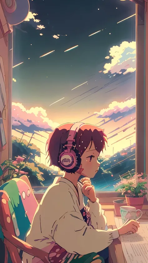anime style, (dreamlikeart by Brandon Werfel), (soft focus), Cozy room setting, girl with headphones, [(Lofi Beat:1.3)|ambient music], (Anime Art), [(Cherry Blossoms|Bookshelf:0.5)], [Reflective surface:0.8], [(pastel colors:1.2)|Calm Colors], [(attention ...