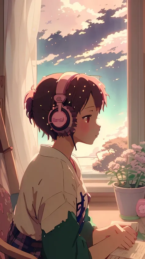 anime style, (dreamlikeart by Brandon Werfel), (soft focus), Cozy room setting, girl with headphones, [(Lofi Beat:1.3)|ambient music], (Anime Art), [(Cherry Blossoms|Bookshelf:0.5)], [Reflective surface:0.8], [(pastel colors:1.2)|Calm Colors], [(attention ...
