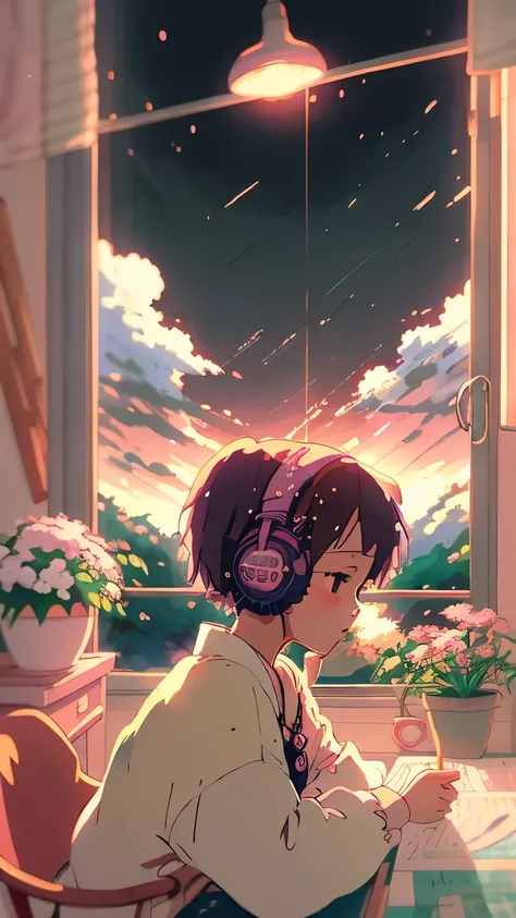 anime style, (Dreamlikeart by Brandon Werfel), (soft focus), Cozy room setting, girl with headphones, [(Lofi Beat:1.3)|ambient music], (Anime Art), [(Cherry Blossoms|Bookshelf:0.5)], [Reflective surface:0.8], [(pastel colors:1.2)|Calm Colors], [(attention ...