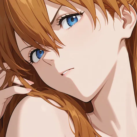 asuka langley , close up, attractive, angry, head tilt, hand on hair, messy hair