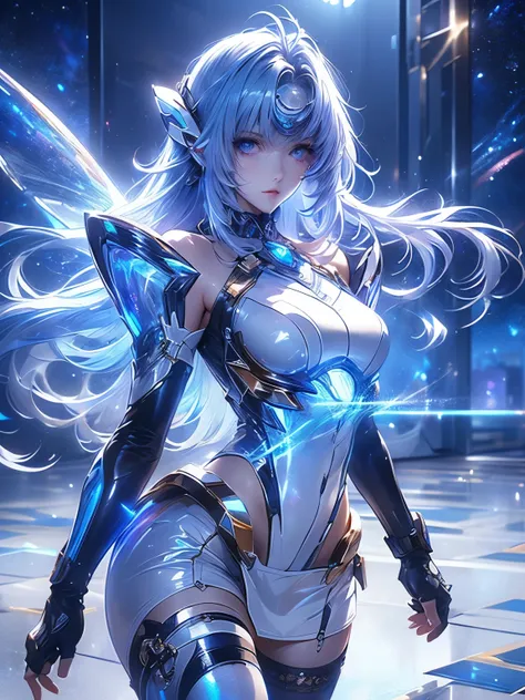 Full body KOS-MOS   ， (( holographic glossy effect))， score_9,  score_8_Excellent,  score_7_Excellent, 32K ，Detailed Depiction )((  highly detailed CG integration  ), CGSoation Trends、  Super Real Highly Detailed Faces 、Bluish purple hair、 straight hair,  ...