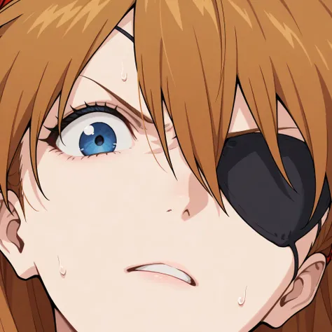 asuka langley , close up, eyepatch, dynamic posing, attractive, angry expression, annoyed, head tilt, showing forehead, bangs up, messy hair, sweat, masterpiece, best quality, view from above, looking at viewer