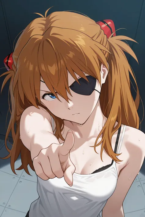 asuka langley , eyepatch, dynamic posing, white camisole, small breast, black bra, attractive, angry, head tilt, showing forehead, bangs up, messy hair, sweat, masterpiece, best quality, view from above, looking at viewer, pointing at viewer