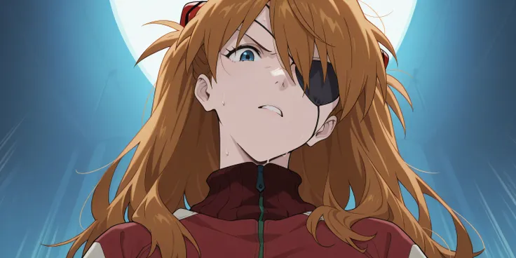 asuka langley , eyepatch, jacket, dynamic view, attractive, angry, head tilt, showing forehead, bangs up, messy hair, sweat, masterpiece, best quality, view from below, approaching the viewer with very annoyed and frustrated expression