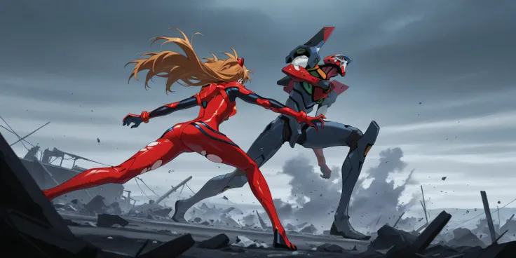 Dynamic action shot of Asuka Langley Soryu in her Eva-02 plugsuit, fighting in a desolate, war-torn landscape with debris scattered around, masterpiece, best quality, amazing quality, 