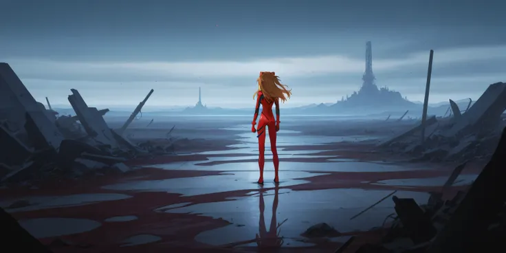 Asuka Langley Soryu in her plugsuit, standing confidently amidst a barren, desolated landscape