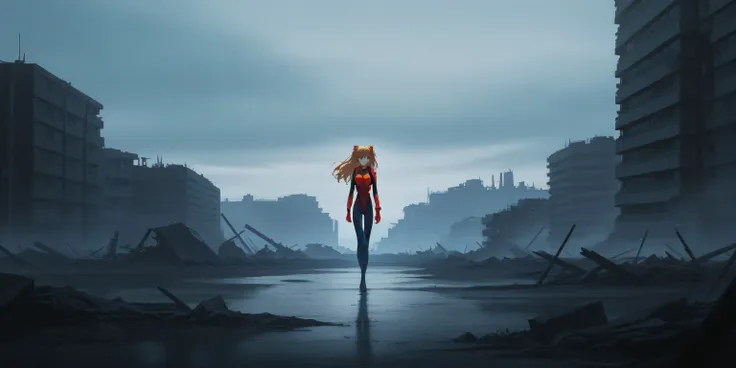 Asuka Langley Soryu in her plugsuit, standing confidently amidst a barren, desolated landscape, masterpiece, best quality