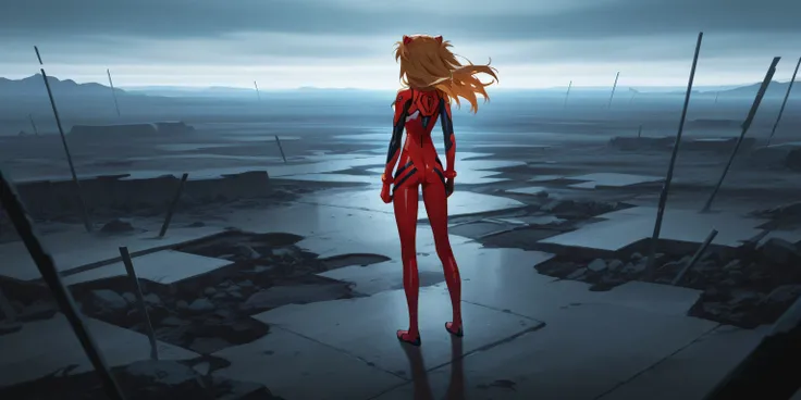 Asuka Langley Soryu in her plugsuit, standing confidently amidst a barren, desolated landscape, masterpiece, best quality
