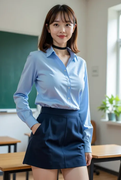  top quality, masterpiece ,real pictures、Realな女教師、Real、(Light blue long sleeve shirt, navy miniskirt:２)、Standing picture、standing leaning forward、bungs:2、brown hair、straight short hair:2、black choker、明るいclassroom、classroom、Teaching Excellence、hand, big 、Ve...