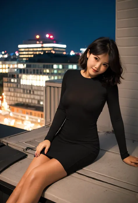 Cute asian girl, slender, big breasts, short black dress, long sleeved, stylish, posing, low night, rooftop, night, sexy, short black hair
