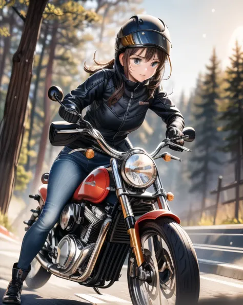((( Masterpiece:1.3, Best Quality, hight resolution, nffsw, Perfect Pixel,  4K, nffsw, nffsw))), 1girl in, Off-road motorcycle driving on spring country roads、18-year-old girl、jet helmet、((December scenery, white Christmas, softly falling snow, she drives ...