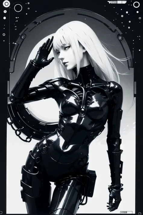 solo,blame, tsutomu nihei, by tsutomu nihei,movie, cibo, GBE,1girl ,ova, long hair, Platinum blonde hair,cybernetic female android, emotionless pale face, white long straight hair with blunt bangs, wearing black mechanical bodysuit with armored plating and...