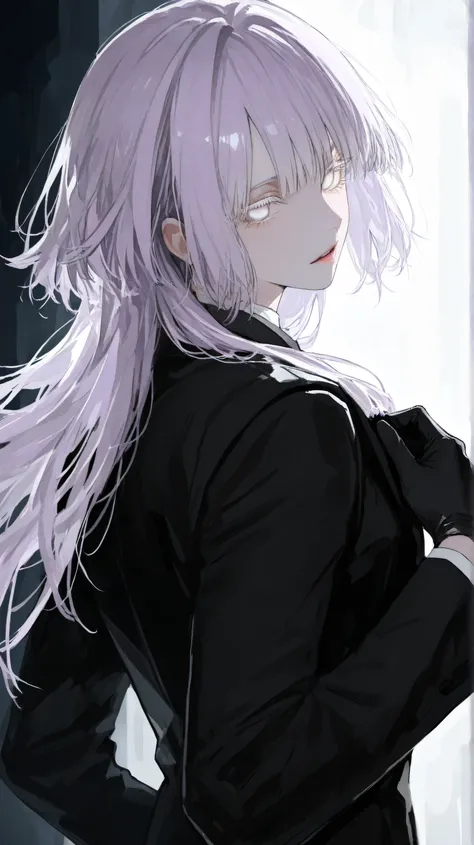High Definition one woman black suit black gloves big light purple hair with bangs that cover his eyes Hair with long back hair and short side hair Pure white eyes White eyelashes tall good style Bewitching Creepy