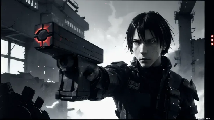 medium shot, 35mm lens,upper body,solo,blame, tsutomu nihei, by tsutomu nihei,movie, killy, cibo, GBE,1boy, killy, ova, short hair, black hair,a lone male cyberpunk warrior, (aiming a high-tech handgun:1.2), he stands amidst the ruins of mechanized structu...