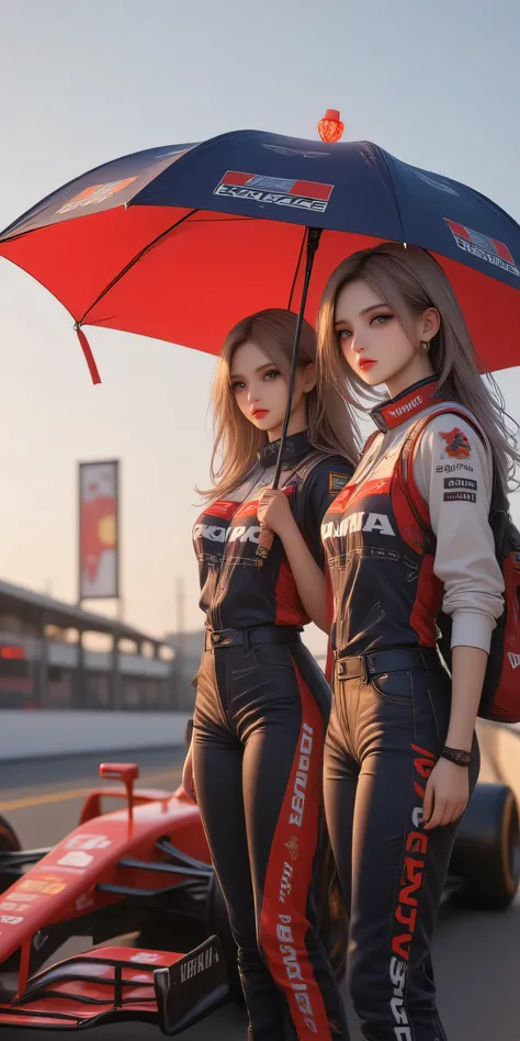 A realistic racing scene featuring female ( golden ratio face, big eye ,grey color hair) japan supermodel characters hand holding umbrellas. They are standing beside to a  red an dark blue F1 "HONDA"  car on the track with "HONDA RACING" printed on car bod...