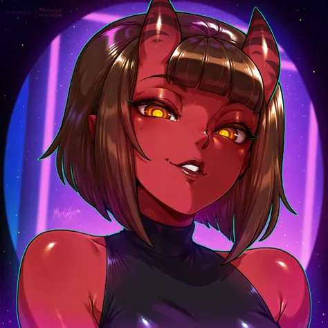 made by melkor mancin, 1girl, Meruccubus artist by Merunyaa, red skin, brown hair, 2 demon horns, cinematic lighting, night in MOTEL, SEXY and brilliant MOTEL
portrait photo, just shoulders and face. seductive face. perfect details and ultra detailed shado...