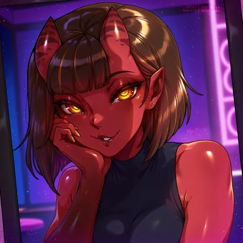 made by melkor mancin, 1girl, Meruccubus artist by Merunyaa, red skin, brown hair, 2 demon horns, cinematic lighting, night in MOTEL, SEXY and brilliant MOTEL
portrait photo, just shoulders and face. seductive face. perfect details and ultra detailed shado...