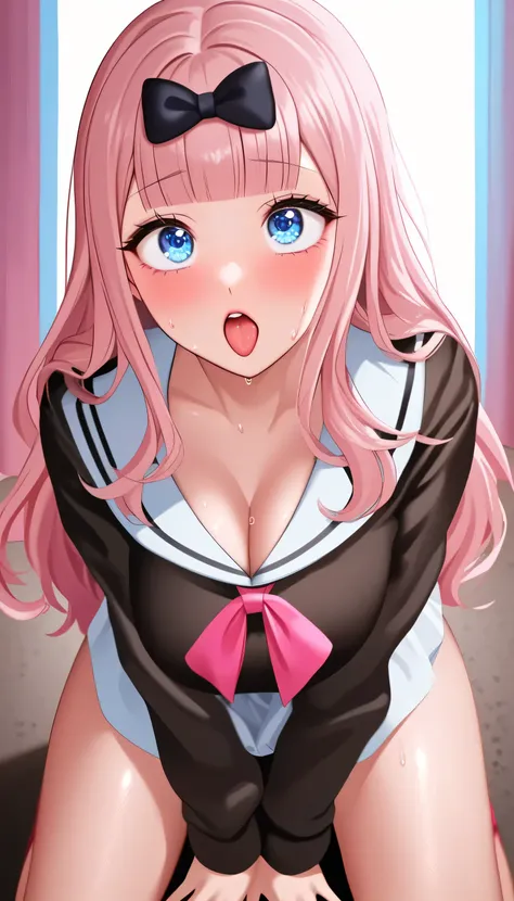 ((Ahegao)), (low lighting), (neon atmosphere), light background, fujiwara chika, on knees, looking ip, long hair, hair ribbon, black bow, pink hair, view from above, ((blue eyes)), big detailed eyes, ulzzang, cleavage, big breasts, sweaty, heavy blushing
