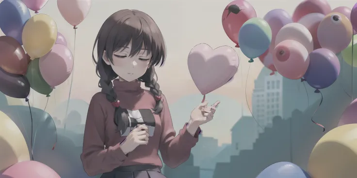  Madotsuki , pink sweater, logo, Skirt,  closed both eyes, Heart in the palm, upper body, shadow,  dark, Blood,balloon,   In a dream,