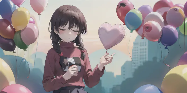  Madotsuki , pink sweater, logo, Skirt,  closed both eyes, Heart in the palm, upper body, shadow,  dark, Blood,balloon,   In a dream,