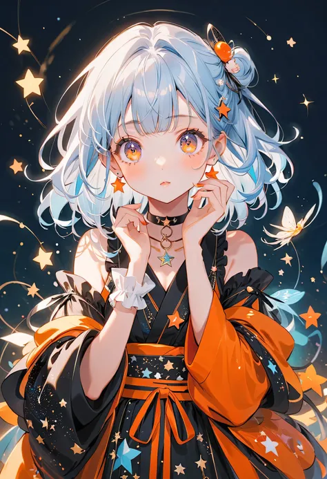 Best Details、top quality、Supreme Masterpiece、cute young girl with thin shoulders, (big eyes), best details, cute face, playful expression, Beautiful appearance,Through Bangs, ((Shiny milky white to light blue gradient hair)) ,((Light Blue Hair)),attention ...