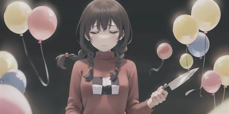  Madotsuki , pink sweater, logo, Skirt,  closed both eyes, crying, Holding a knife, kill,upper body, shadow,  dark, Blood,balloon,   In a dream,