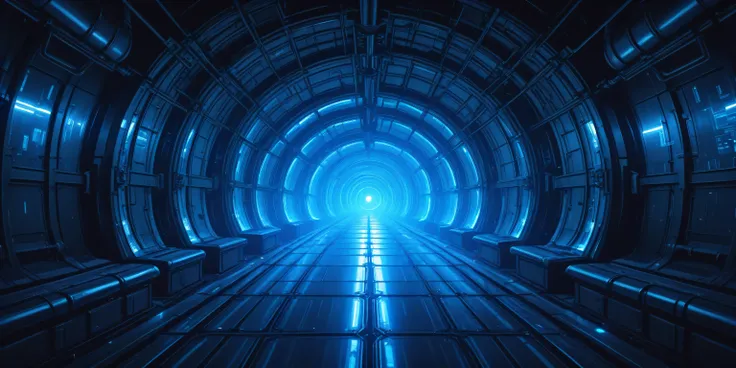 masterpiece, top quality, very high definition, Newest, very beautiful, amazing quality,Hi-Res, futuristic industrial environment, dark metallic sci-fi tunnel walls, mystical ambient lighting, glowing particles on the sides, purple and deep blue tones, fog...