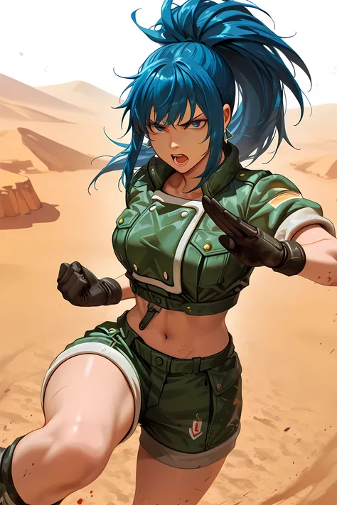 1 girl, leona heidern, blue eyes, blue hair, ponytail, gloves, jacket, crop top, shorts, green jacket, green shorts, standing, in the desert, rocks,blood red hair messy with a ponytail,The King of Fighter character,Leona Orochi,seems too angry,eyes glow ye...