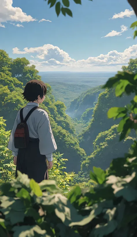 Ghibli-style character Tanjirou Kamado from demon slayer standing at the edge of a cliff with a vast open sky in front of them in a beautiful peaceful forest. The camera should focus on the character side view. The character looking at the sky. Sunlight st...