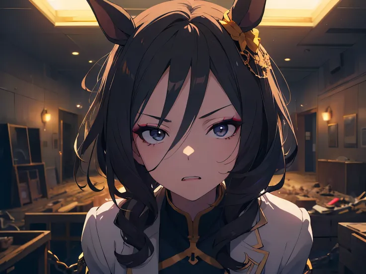 (Cowboy Shot:1.5, Anime),Solo,(Abandoned hospital, Girl hanging from thick chains, Kneeling with arms tied behind head by thick chains, Black hair, Curly hair, Very long hair, Hair blowing in the wind, Crazy eyes, Covered ears, Hidden ears, Horse ears, Mak...