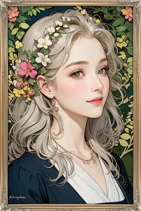 (Young and beautiful woman), (Calm and gentle girlish smile), (Almost straight medium blonde silver-gray hair), (Close-up), Striking portrait, Pursuit of beauty, (Simple colored shirt), Bright primary colors used partially as accents, (Slim figure), Small ...