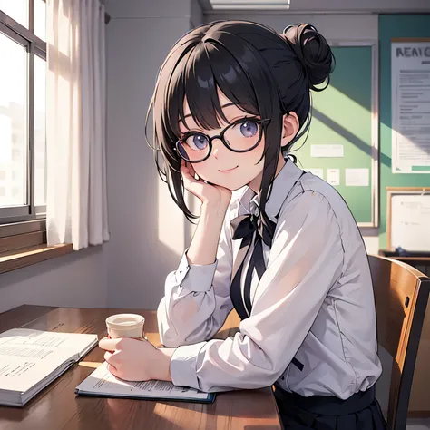 Anime girl, black hair, Messy Bun hairstyle, use glasses, uniform high school, sweet smile, sit one class, window on the next