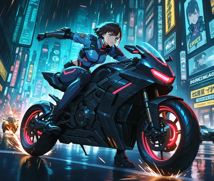 "Cybernetic female police officer in anime style, riding a futuristic motorcycle at high speed through a neon-lit cyberpunk city at night. She is chasing a criminal on a hovering bike, sparks flying as they race through rain-soaked streets filled with glow...