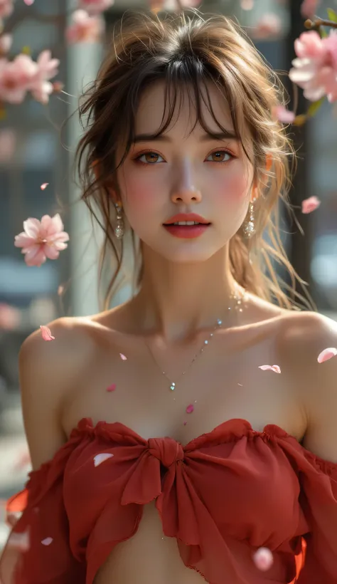 Very happy face, gazing forward with a bright smile, lips slightly pouted., bangs slightly tousled by the wind, face-up shot, soft backlight in New York in midsummer, close-up portrait of a woman passing in front of a large glass window of a high-end New Y...