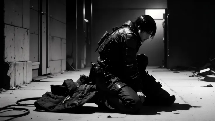 medium shot, 50mm lens,仰拍,side-front view,solo,blame, tsutomu nihei, by tsutomu nihei,movie, killy, cibo, GBE,1boy, killy, ova, 画面中心一只黑色战术装备的手套手持握GBE,瞄准了前方,它的枪口冒着红光蓄势待发,背景是超现实空间, realistic anatomical proportions, inspired by Tsutomu Nihei's BLAME!, ultra-d...