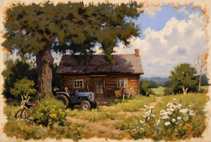 masterpiece, Highest quality, Highest detail, The highest possible texture quality, photorealism, vintage style under a photo card with scorched edges;
in the foreground is a cozy single-story log cabin with a moss-covered roof. There is a small chimney ...