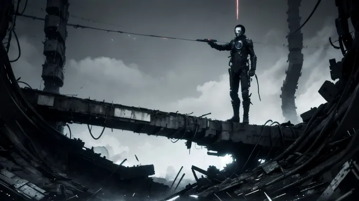 24mm lens,blame, tsutomu nihei, by tsutomu nihei,movie,panoramic, A huge biomechanical body,Mouth stitching、eye mechanization,has three humanoid characters standing on the front platform,standing on the front platform,The middle is a bald man,with thick ro...