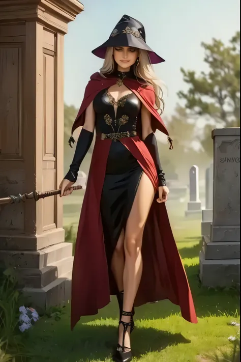 A middle-aged witch with long, silver-streaked raven hair hovers over a mist-shrouded cemetery. Her face is both wise and mysterious, marked by a timeless beauty. She wears a dark purple cloak adorned with arcane symbols, which billows in the wind. She clu...