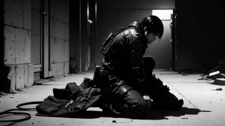 medium shot, 50mm lens,仰拍,side-front view,solo,blame, tsutomu nihei, by tsutomu nihei,movie, killy, cibo, GBE,1boy, killy, ova, 画面中心一只黑色战术装备的手套手持握GBE,瞄准了前方,它的枪口冒着红光蓄势待发,背景是超现实空间, realistic anatomical proportions, inspired by Tsutomu Nihei's BLAME!, ultra-d...