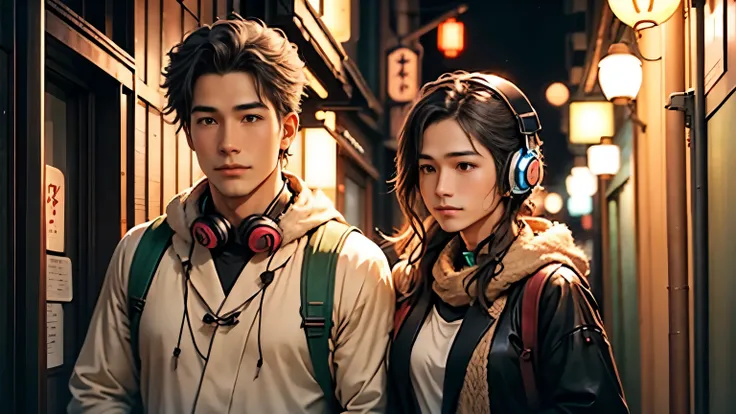 Young man and woman with headphones,  on a narrow Tokyo alley, warm ramen shop lights behind them, both with headphones around their necks, cozy and expressive