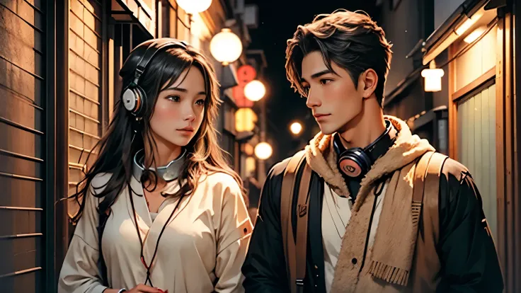 Young man and woman with headphones,  on a narrow Tokyo alley, warm ramen shop lights behind them, both with headphones around their necks, cozy and expressive
