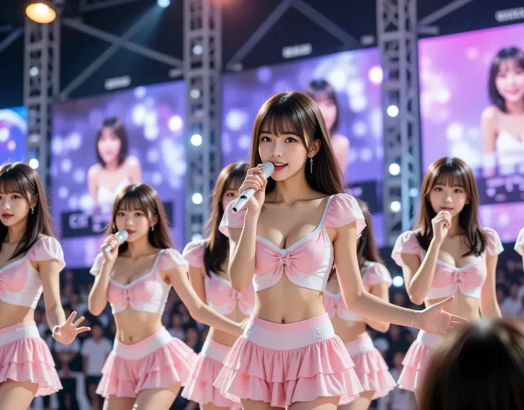 Dutch angle, top quality, masterpiece, Idol Concert, Large and glamorous outdoor stage, colorful flashy lights, everyone holds a white microphone、cute girls flying around while smiling and singing, A large and glamorous outdoor stage where everyone decides...