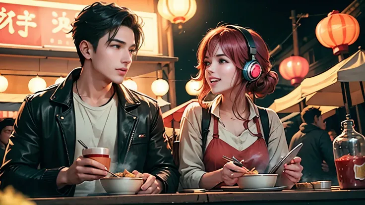 Young man and woman with headphones,  at an outdoor street food stall under glowing red lanterns, eating together while wearing headphones, steam rising, cheerful vibe, anime slice-of-life aesthetic